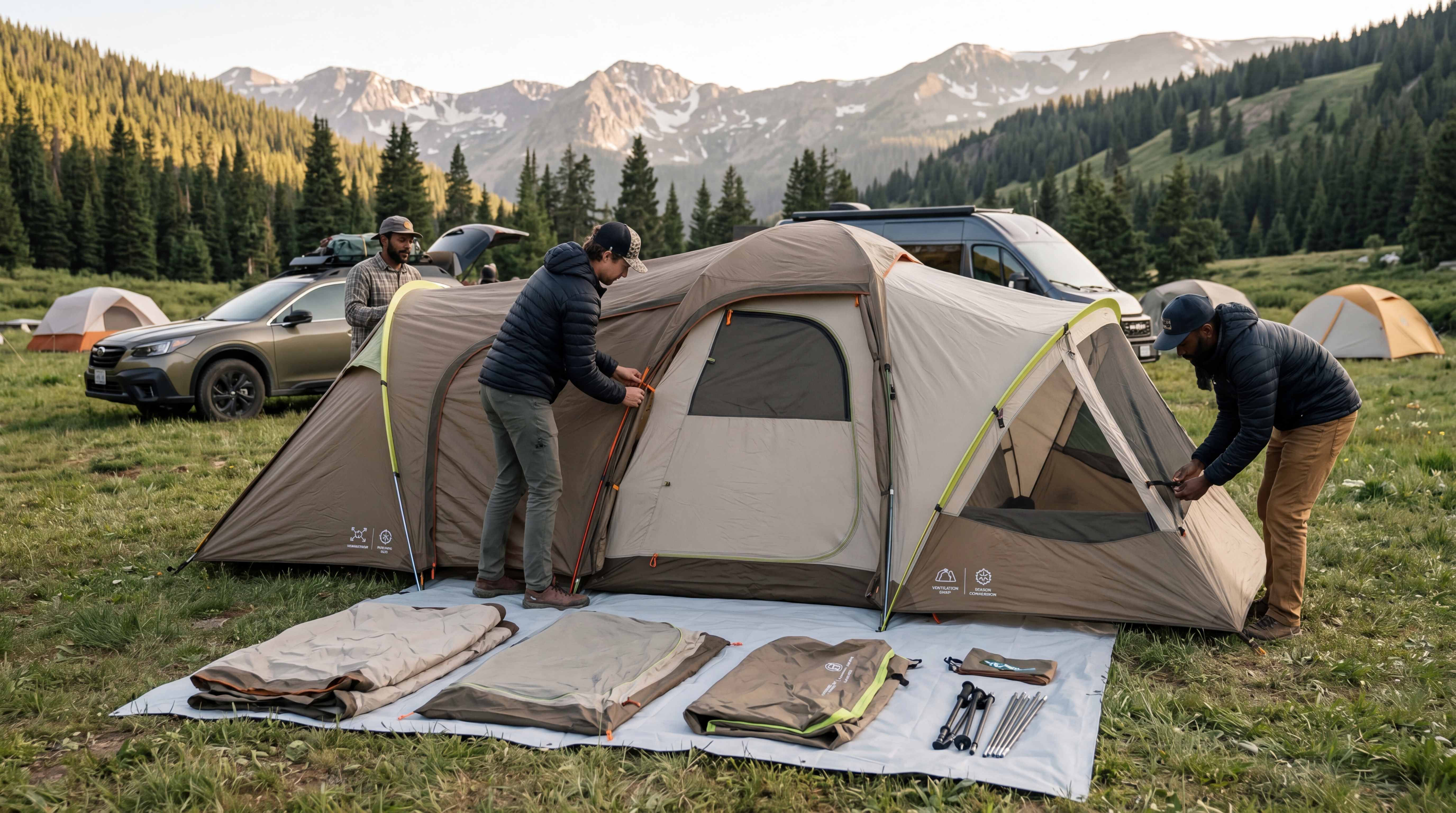 Modular tent system being assembled in the field, illustrating adaptable shelter architecture and replaceable components for future camping use